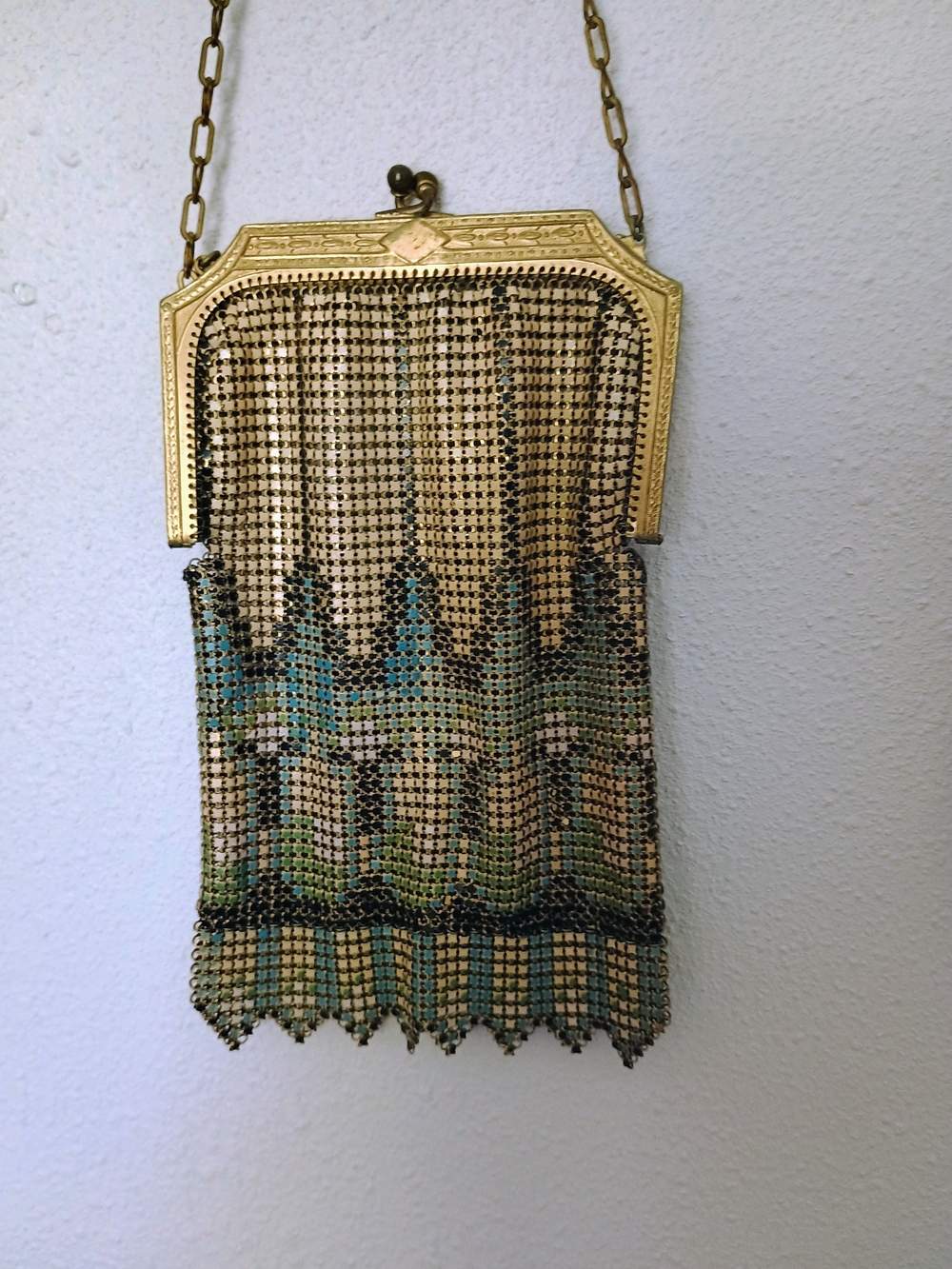 Vintage Gold-Tone Mesh Evening Bag with Blue-Green Accents